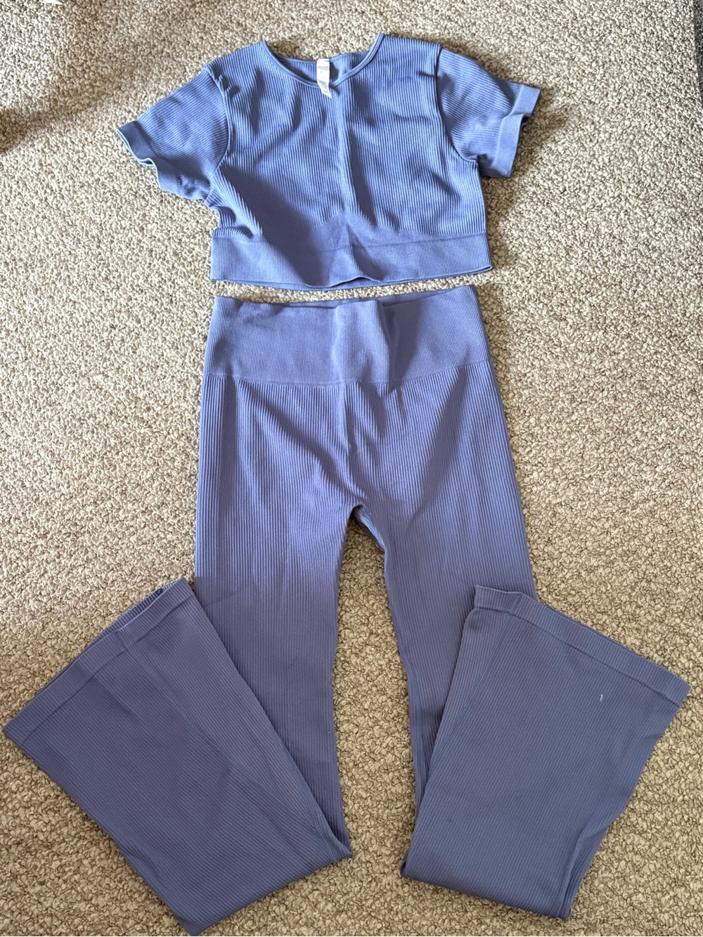 Ribbed Wide-Leg Lounge Pants Set in Periwinkle size L
